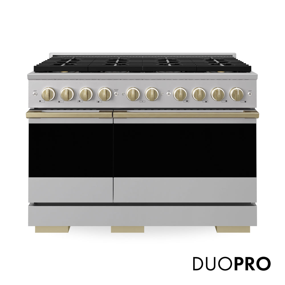 ZLINE Autograph 48 in. 6.7 cu. ft. Marino Dual Fuel Range with 8 Burner DuoPro™ Cooktop and Dual Ovens in Stainless Steel and Champagne Bronze Accents, PMDRZ-48-CB - Front Hero View with Logo