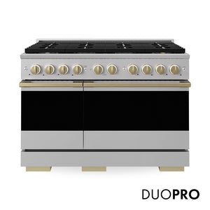 ZLINE Autograph 48 in. 6.7 cu. ft. Marino Dual Fuel Range with 8 Burner DuoPro™ Cooktop and Dual Ovens in Stainless Steel and Champagne Bronze Accents, PMDRZ-48-CB - Front Hero View with Logo