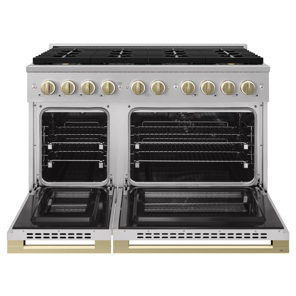 ZLINE Autograph 48 in. 6.7 cu. ft. Marino Dual Fuel Range with 8 Burner DuoPro™ Cooktop and Dual Ovens in Stainless Steel and Champagne Bronze Accents, PMDRZ-48-CB - Front View with Oven Door Open