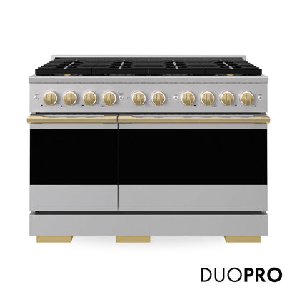 ZLINE Marino Autograph Edition 48-Inch 6.7 cu. ft. Dual Fuel Range, 8 Brass Burner DuoPro™ Cooktop, Double Oven, Convection Oven, Reversible Griddle, Stainless Steel with Polished Gold Accents, PMDRZ-48-G