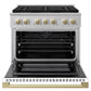 ZLINE Autograph 36 in. 5.2 cu. ft. Marino Dual Fuel Range with 6 Burner DuoPro™ Cooktop and Electric Convection Oven with White Matte Door and Champagne Bronze Accents, PMDRZ-WM-36-CB - Front View with Oven Door Open