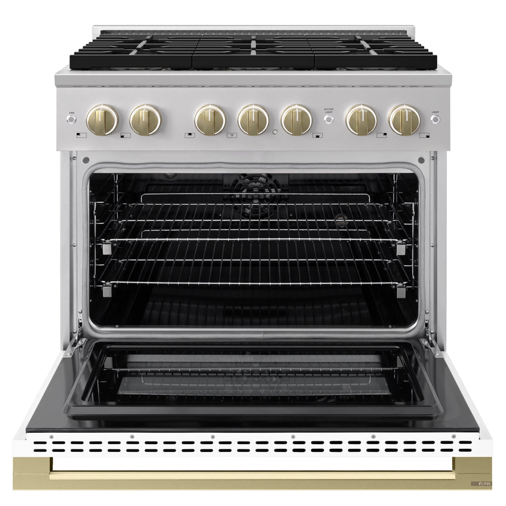 ZLINE Autograph 36 in. 5.2 cu. ft. Marino Dual Fuel Range with 6 Burner DuoPro™ Cooktop and Electric Convection Oven with White Matte Door and Champagne Bronze Accents, PMDRZ-WM-36-CB - Front View with Oven Door Open