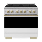 ZLINE Autograph 36 in. 5.2 cu. ft. Marino Dual Fuel Range with 6 Burner DuoPro™ Cooktop and Electric Convection Oven with White Matte Door and Champagne Bronze Accents, PMDRZ-WM-36-CB - Front View