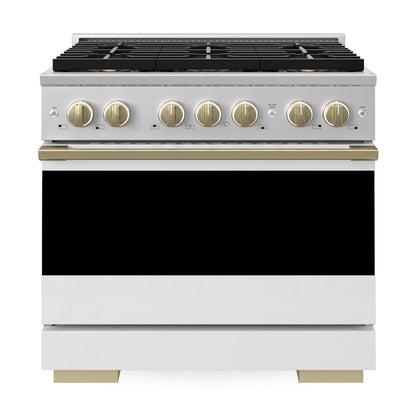 ZLINE Autograph 36 in. 5.2 cu. ft. Marino Dual Fuel Range with 6 Burner DuoPro™ Cooktop and Electric Convection Oven with White Matte Door and Champagne Bronze Accents, PMDRZ-WM-36-CB - Front View