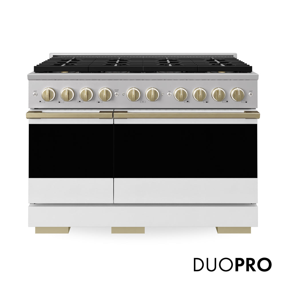ZLINE Autograph 48 in. 6.7 cu. ft. Marino Dual Fuel Range with 8 Burner DuoPro™ Cooktop and Dual Ovens with White Matte Doors and Champagne Bronze Accents, PMDRZ-WM-48-CB - Front Hero View with Logo