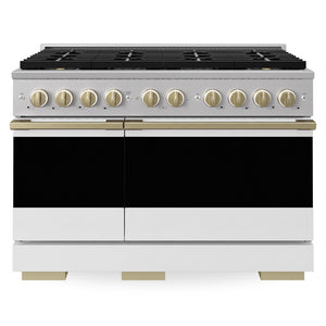 ZLINE Autograph 48 in. 6.7 cu. ft. Marino Dual Fuel Range with 8 Burner DuoPro™ Cooktop and Dual Ovens with White Matte Doors and Champagne Bronze Accents, PMDRZ-WM-48-CB - Front View