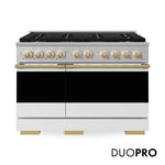 ZLINE Autograph 48 in. 6.7 cu. ft. Marino Dual Fuel Range with 8 Burner DuoPro™ Cooktop and Dual Ovens with White Matte Doors and Polished Gold Accents, PMDRZ-WM-48-G - Front Hero View with Logo