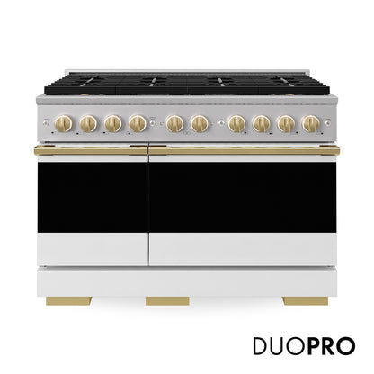 ZLINE Autograph 48 in. 6.7 cu. ft. Marino Dual Fuel Range with 8 Burner DuoPro™ Cooktop and Dual Ovens with White Matte Doors and Polished Gold Accents, PMDRZ-WM-48-G - Front Hero View with Logo