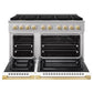 ZLINE Autograph 48 in. 6.7 cu. ft. Marino Dual Fuel Range with 8 Burner DuoPro™ Cooktop and Dual Ovens with White Matte Doors and Polished Gold Accents, PMDRZ-WM-48-G - Front View with Oven Door Open