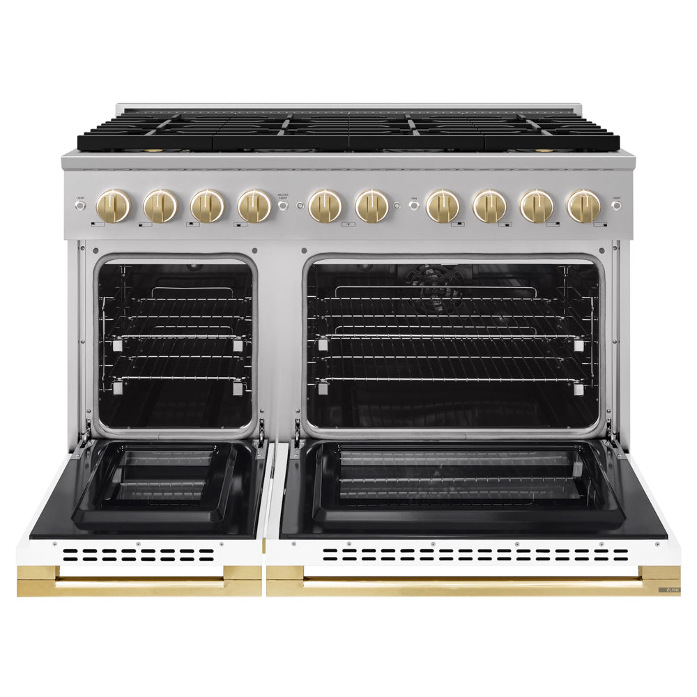 ZLINE Autograph 48 in. 6.7 cu. ft. Marino Dual Fuel Range with 8 Burner DuoPro™ Cooktop and Dual Ovens with White Matte Doors and Polished Gold Accents, PMDRZ-WM-48-G - Front View with Oven Door Open