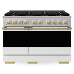 ZLINE Autograph 48 in. 6.7 cu. ft. Marino Dual Fuel Range with 8 Burner DuoPro™ Cooktop and Dual Ovens with White Matte Doors and Polished Gold Accents, PMDRZ-WM-48-G - Front View