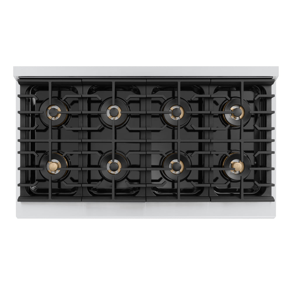 ZLINE Autograph 48 in. 6.7 cu. ft. Marino Dual Fuel Range with 8 Burner DuoPro™ Cooktop and Dual Ovens with White Matte Doors and Polished Gold Accents, PMDRZ-WM-48-G - Top-Down View