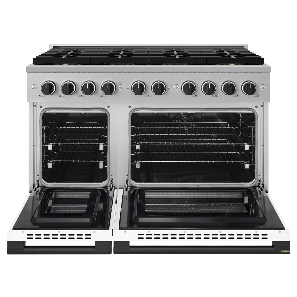 ZLINE Autograph 48 in. 6.7 cu. ft. Marino Dual Fuel Range with 8 Burner DuoPro™ Cooktop and Dual Ovens with White Matte Doors and Matte Black Accents, PMDRZ-WM-48-MB - Front View with Oven Door Open