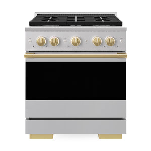 ZLINE Marino Autograph Edition 30-Inch 4.2 cu. ft. Gas Range, 4 Brass Burners, Convection Oven, Stainless Steel with Polished Gold Accents, MGRZ-30-G