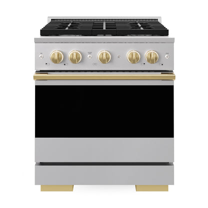 ZLINE Marino Autograph Edition 30-Inch 4.2 cu. ft. Gas Range, 4 Brass Burners, Convection Oven, Stainless Steel with Polished Gold Accents, MGRZ-30-G