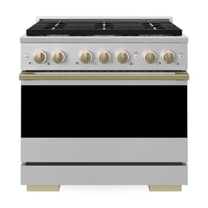 ZLINE Marino Autograph Edition 36-Inch 5.2 cu. ft. Gas Range, 6 Brass Burners, Convection Oven, Stainless Steel with Champagne Bronze Accents, MGRZ-36-CB
