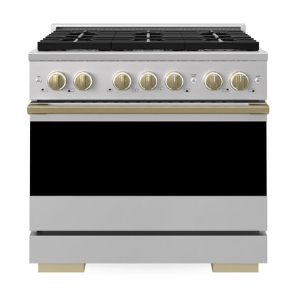 ZLINE Marino Autograph Edition 36-Inch 5.2 cu. ft. Gas Range, 6 Brass Burners, Convection Oven, Stainless Steel with Champagne Bronze Accents, MGRZ-36-CB