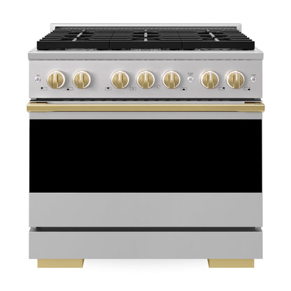 ZLINE Marino Autograph Edition 36-Inch 5.2 cu. ft. Gas Range, 6 Brass Burners, Convection Oven, Stainless Steel with Polished Gold Accents, MGRZ-36-G