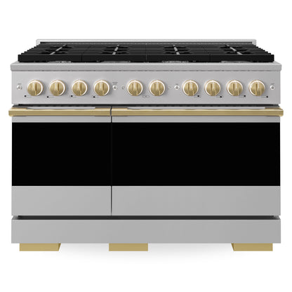 ZLINE Marino Autograph Edition 48-Inch 6.7 cu. ft. Gas Range, 8 Brass Burners, Double Oven, Convection Oven, Reversible Griddle, Stainless Steel with Polished Gold Accents, MGRZ-48-G