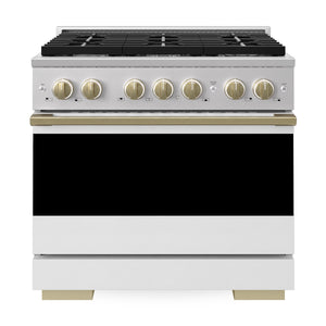 ZLINE Marino Autograph Edition 36-Inch 5.2 cu. ft. Gas Range, 6 Brass Burners, Convection Oven, Stainless Steel with White Matte Door and Champagne Bronze Accents, MGRZ-WM-36-CB