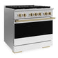 ZLINE Marino Autograph Edition 36-Inch 5.2 cu. ft. Gas Range, 6 Brass Burners, Convection Oven, Stainless Steel with White Matte Door and Champagne Bronze Accents, MGRZ-WM-36-CB