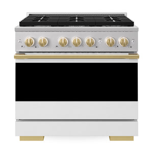 ZLINE Marino Autograph Edition 36-Inch 5.2 cu. ft. Gas Range, 6 Brass Burners, Convection Oven, Stainless Steel with White Matte Door and Polished Gold Accents, MGRZ-WM-36-G