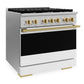 ZLINE Marino Autograph Edition 36-Inch 5.2 cu. ft. Gas Range, 6 Brass Burners, Convection Oven, Stainless Steel with White Matte Door and Polished Gold Accents, MGRZ-WM-36-G