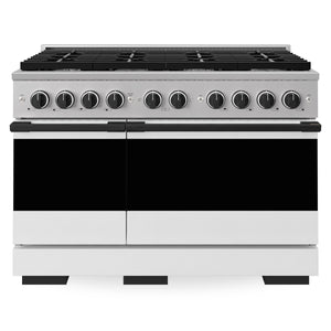 ZLINE Marino Autograph Edition 48-Inch 6.7 cu. ft. Gas Range, 8 Brass Burners, Double Oven, Convection Oven, Reversible Griddle, Stainless Steel with White Matte Door and Matte Black Accents, MGRZ-WM-48-MB