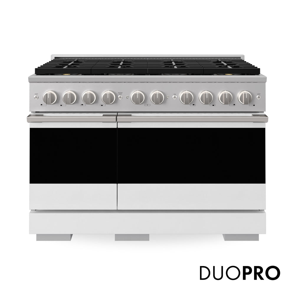 ZLINE 48 in. 6.7 cu. ft. Marino Gas Range with 8 Burner DuoPro™ Cooktop and Dual Ovens with White Matte Doors, PMGR-WM-48 - Front Hero View