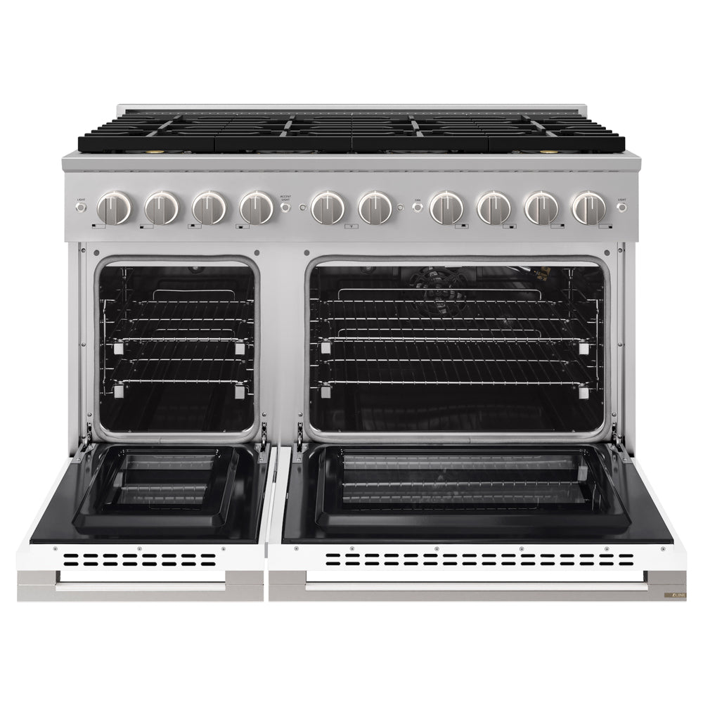 ZLINE 48 in. 6.7 cu. ft. Marino Gas Range with 8 Burner DuoPro™ Cooktop and Dual Ovens with White Matte Doors, PMGR-WM-48 - Front View with Oven Door Open