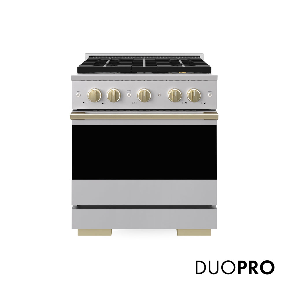 ZLINE Autograph 30 in. 4.2 cu. ft. Marino Gas Range with 4 Burner DuoPro™ Cooktop and Gas Oven in Stainless Steel and Champagne Bronze Accents, PMGRZ-30-CB - Front Hero View with Logo