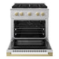 ZLINE Autograph 30 in. 4.2 cu. ft. Marino Gas Range with 4 Burner DuoPro™ Cooktop and Gas Oven in Stainless Steel and Champagne Bronze Accents, PMGRZ-30-CB - Front View with Oven Door Open
