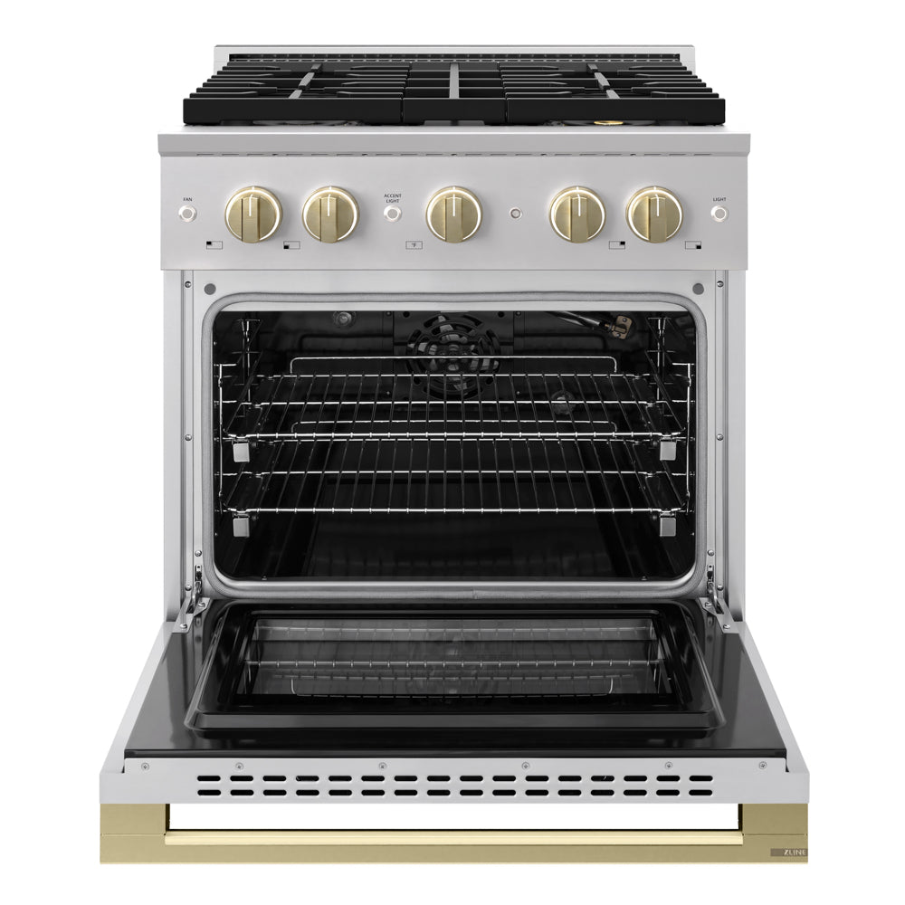 ZLINE Autograph 30 in. 4.2 cu. ft. Marino Gas Range with 4 Burner DuoPro™ Cooktop and Gas Oven in Stainless Steel and Champagne Bronze Accents, PMGRZ-30-CB - Front View with Oven Door Open