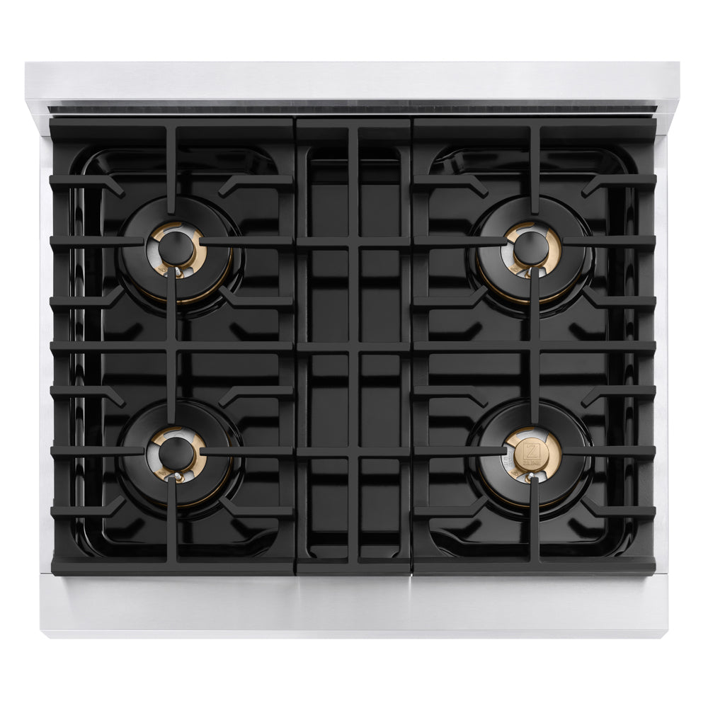 ZLINE Autograph 30 in. 4.2 cu. ft. Marino Gas Range with 4 Burner DuoPro™ Cooktop and Gas Oven in Stainless Steel and Champagne Bronze Accents, PMGRZ-30-CB - Top-Down View