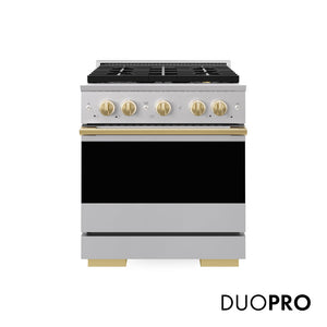 ZLINE Marino Autograph Edition 30-Inch 4.2 cu. ft. Gas Range, 4 Brass Burner DuoPro™ Cooktop, Convection Oven, Stainless Steel with Polished Gold Accents, PMGRZ-30-G