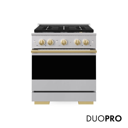 ZLINE Marino Autograph Edition 30-Inch 4.2 cu. ft. Gas Range, 4 Brass Burner DuoPro™ Cooktop, Convection Oven, Stainless Steel with Polished Gold Accents, PMGRZ-30-G