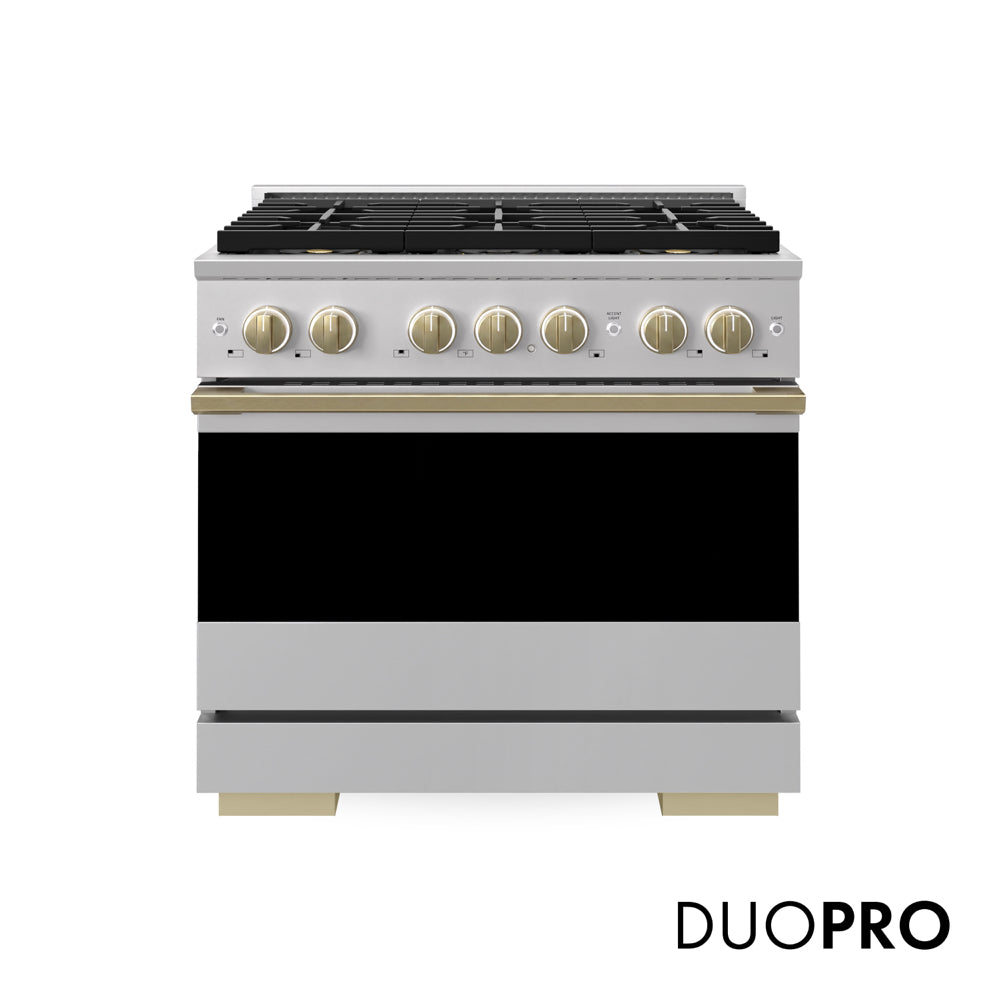 ZLINE Autograph 36 in. 5.2 cu. ft. Marino Gas Range with 6 Burner DuoPro™ Cooktop and Gas Oven in Stainless Steel and Champagne Bronze Accents, PMGRZ-36-CB - Front Hero View with Logo