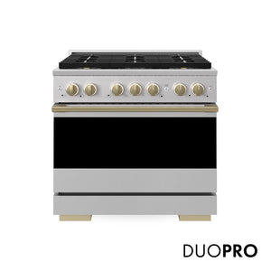 ZLINE Autograph 36 in. 5.2 cu. ft. Marino Gas Range with 6 Burner DuoPro™ Cooktop and Gas Oven in Stainless Steel and Champagne Bronze Accents, PMGRZ-36-CB - Front Hero View with Logo
