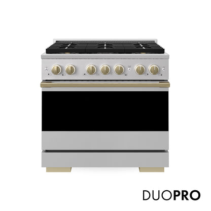 ZLINE Autograph 36 in. 5.2 cu. ft. Marino Gas Range with 6 Burner DuoPro™ Cooktop and Gas Oven in Stainless Steel and Champagne Bronze Accents, PMGRZ-36-CB - Front Hero View with Logo