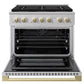 ZLINE Autograph 36 in. 5.2 cu. ft. Marino Gas Range with 6 Burner DuoPro™ Cooktop and Gas Oven in Stainless Steel and Champagne Bronze Accents, PMGRZ-36-CB - Front View with Oven Door Open