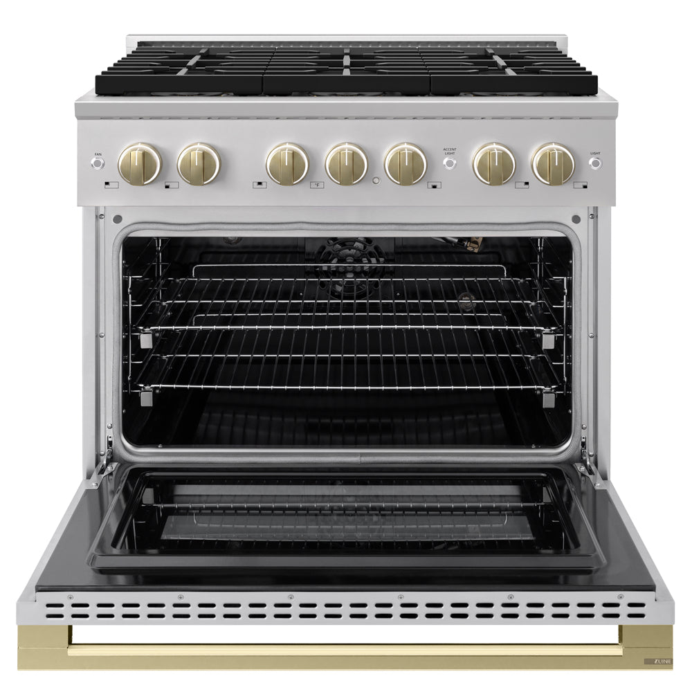 ZLINE Autograph 36 in. 5.2 cu. ft. Marino Gas Range with 6 Burner DuoPro™ Cooktop and Gas Oven in Stainless Steel and Champagne Bronze Accents, PMGRZ-36-CB - Front View with Oven Door Open