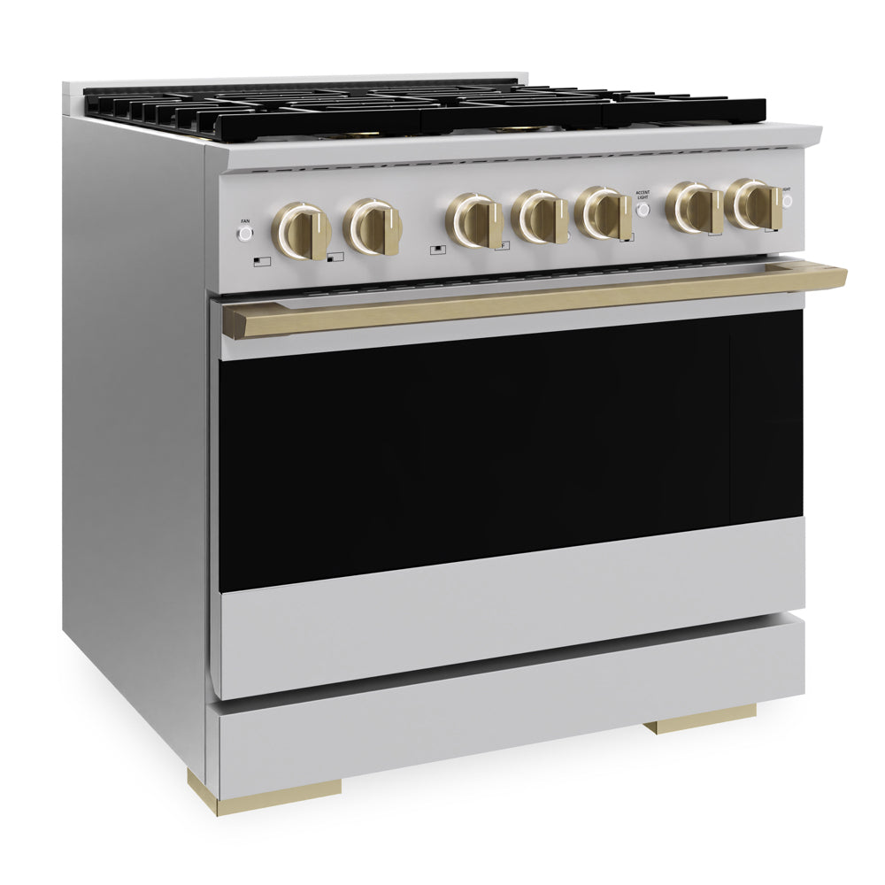 ZLINE Autograph 36 in. 5.2 cu. ft. Marino Gas Range with 6 Burner DuoPro™ Cooktop and Gas Oven in Stainless Steel and Champagne Bronze Accents, PMGRZ-36-CB - Side View