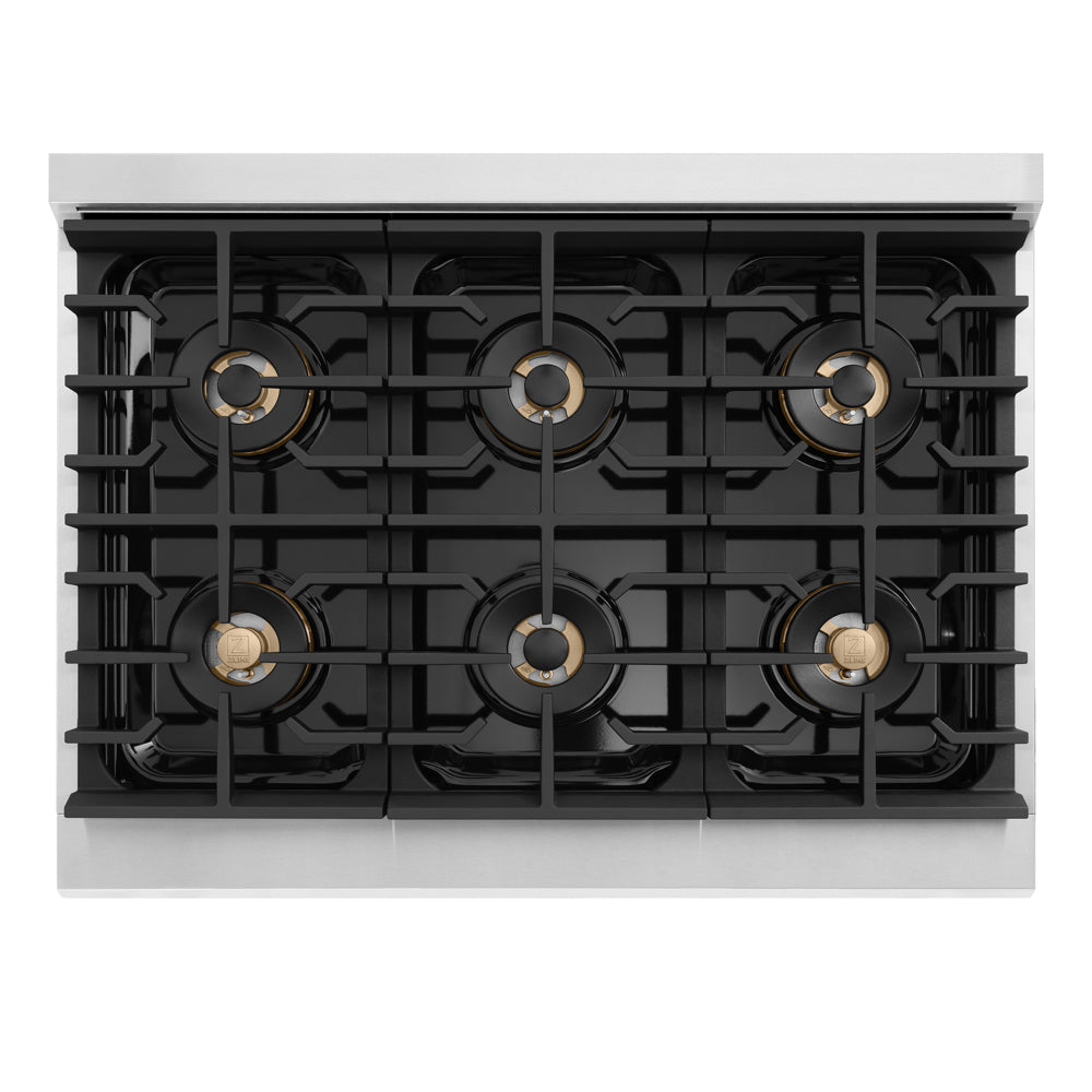 ZLINE Autograph 36 in. 5.2 cu. ft. Marino Gas Range with 6 Burner DuoPro™ Cooktop and Gas Oven in Stainless Steel and Champagne Bronze Accents, PMGRZ-36-CB - Top-Down View