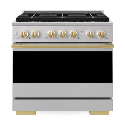 ZLINE Marino Autograph Edition 36-Inch 5.2 cu. ft. Gas Range, 6 Brass Burner DuoPro™ Cooktop, Convection Oven, Stainless Steel with Polished Gold Accents, PMGRZ-36-G