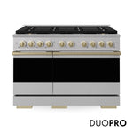 ZLINE Autograph 48 in. 6.7 cu. ft. Marino Gas Range with 8 Burner DuoPro™ Cooktop and Dual Ovens in Stainless Steel and Champagne Bronze Accents, PMGRZ-48-CB - Front Hero View with Logo
