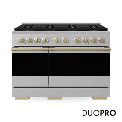 ZLINE Autograph 48 in. 6.7 cu. ft. Marino Gas Range with 8 Burner DuoPro™ Cooktop and Dual Ovens in Stainless Steel and Champagne Bronze Accents, PMGRZ-48-CB - Front Hero View with Logo