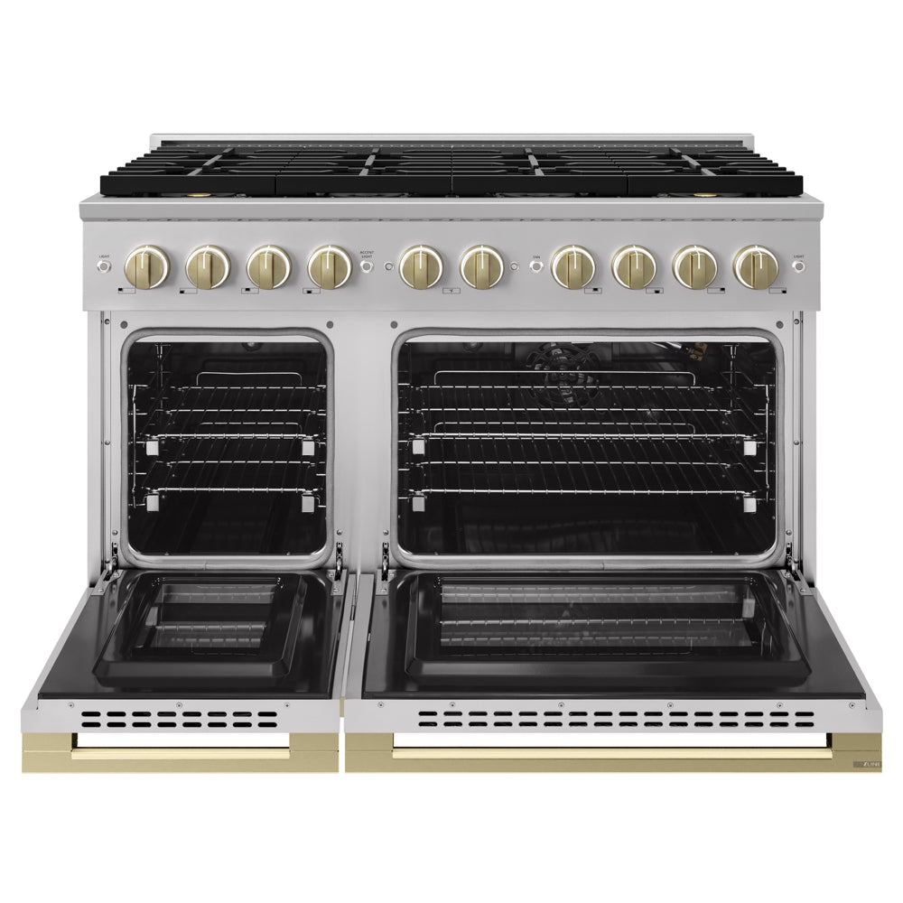 ZLINE Autograph 48 in. 6.7 cu. ft. Marino Gas Range with 8 Burner DuoPro™ Cooktop and Dual Ovens in Stainless Steel and Champagne Bronze Accents, PMGRZ-48-CB - Front View with Oven Door Open