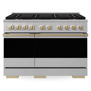 ZLINE Autograph 48 in. 6.7 cu. ft. Marino Gas Range with 8 Burner DuoPro™ Cooktop and Dual Ovens in Stainless Steel and Champagne Bronze Accents, PMGRZ-48-CB - Front View