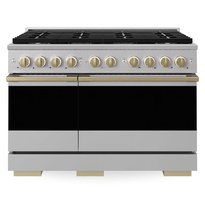 ZLINE Autograph 48 in. 6.7 cu. ft. Marino Gas Range with 8 Burner DuoPro™ Cooktop and Dual Ovens in Stainless Steel and Champagne Bronze Accents, PMGRZ-48-CB - Front View