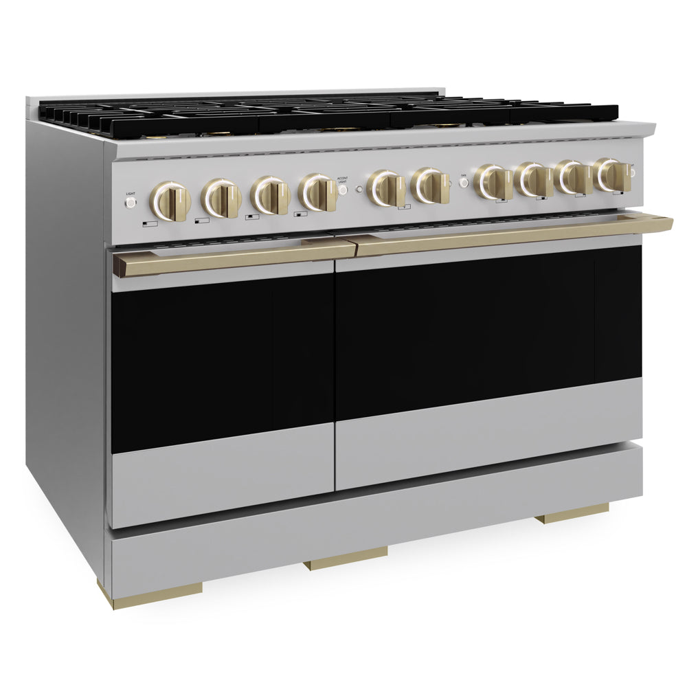 ZLINE Autograph 48 in. 6.7 cu. ft. Marino Gas Range with 8 Burner DuoPro™ Cooktop and Dual Ovens in Stainless Steel and Champagne Bronze Accents, PMGRZ-48-CB - Side View